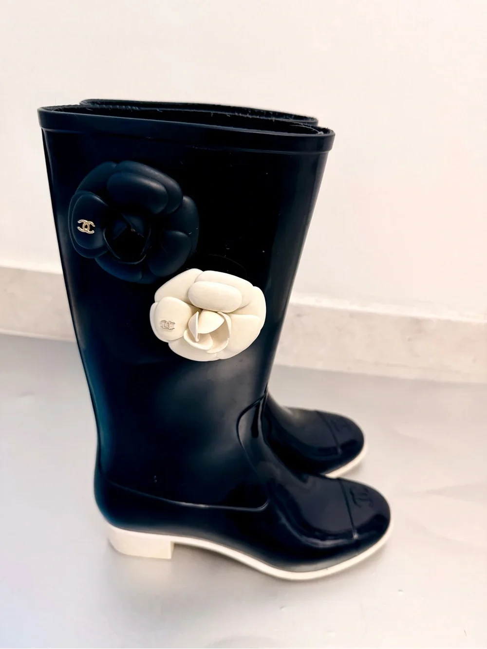 CHANEL Black Rain Boots with Black and White Camellia Details